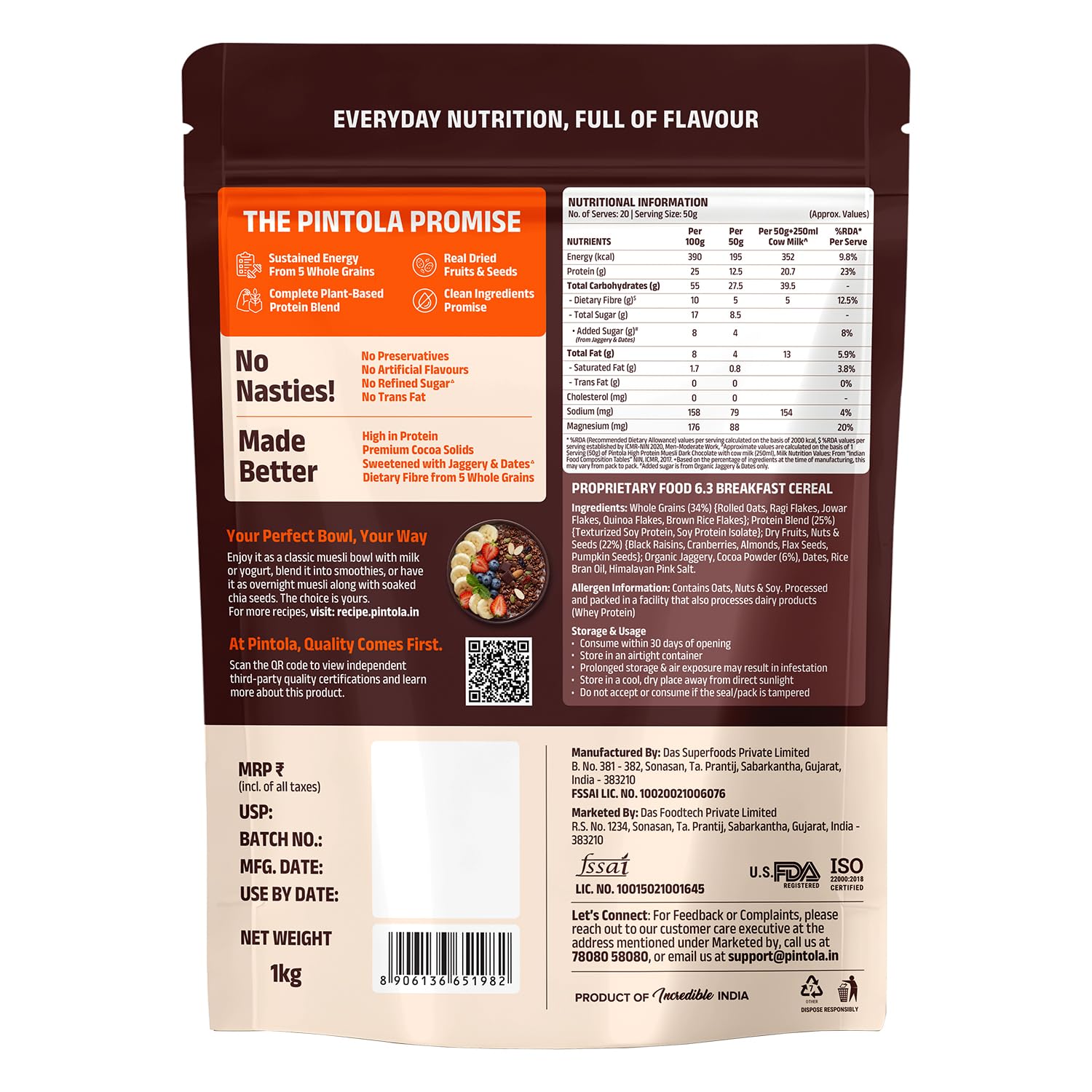 Pintola 25g High Protein Dark Chocolate & Cranberry Muesli 1kg, No Refined Sugar, Trans Fat Free, High Fibre, Gluten-Free, Breakfast Cereal
