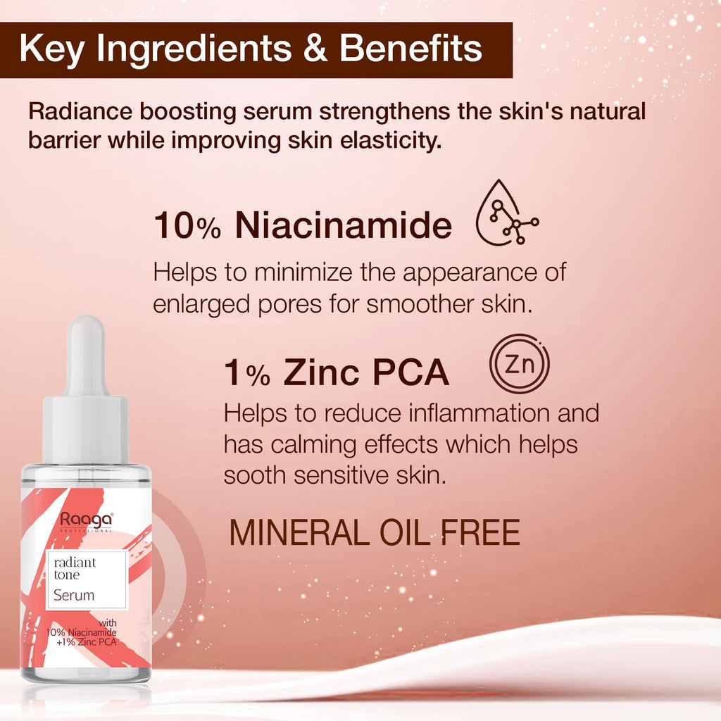 Raaga Professional Radiant Tone Serum with 10% Niacinamide and 1% Zinc PCA | Paraben Free, Sulphate Free, Dermatologically Tested (30 ml)