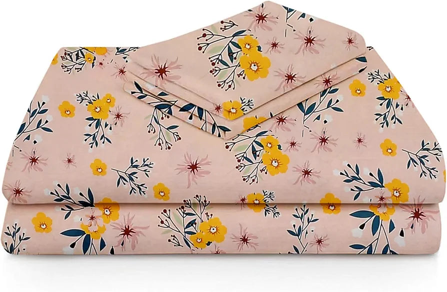 HomeKart Cotton 200 TC Proper King Size Bedsheet for Double Bed King Breathable for Summer with 2 Large Size Pillow Covers Without Joint Peach Yellow Flowers