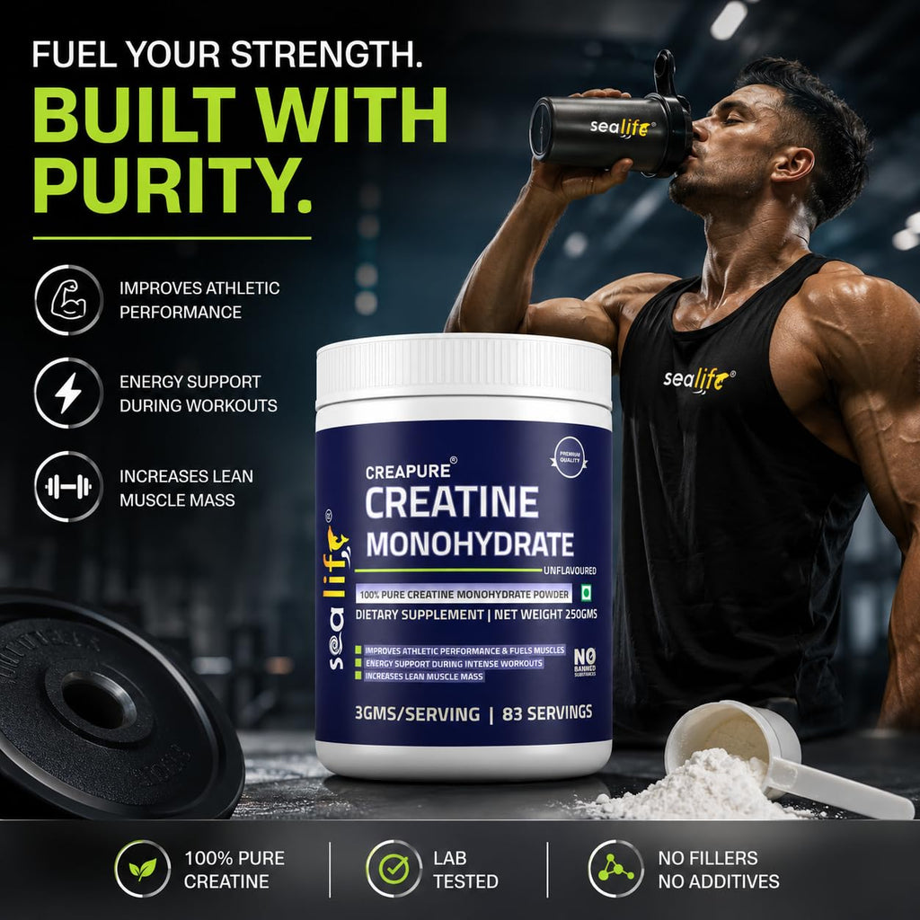 Sea Life Creatine Monohydrate |100% Pure Creatine Powder 250gm,83 Servings |Improves Athletic Performance & Fuels Muscles |Lean Muscle Building Supports | Muscle Repair & Recovery | Creapure Creatine