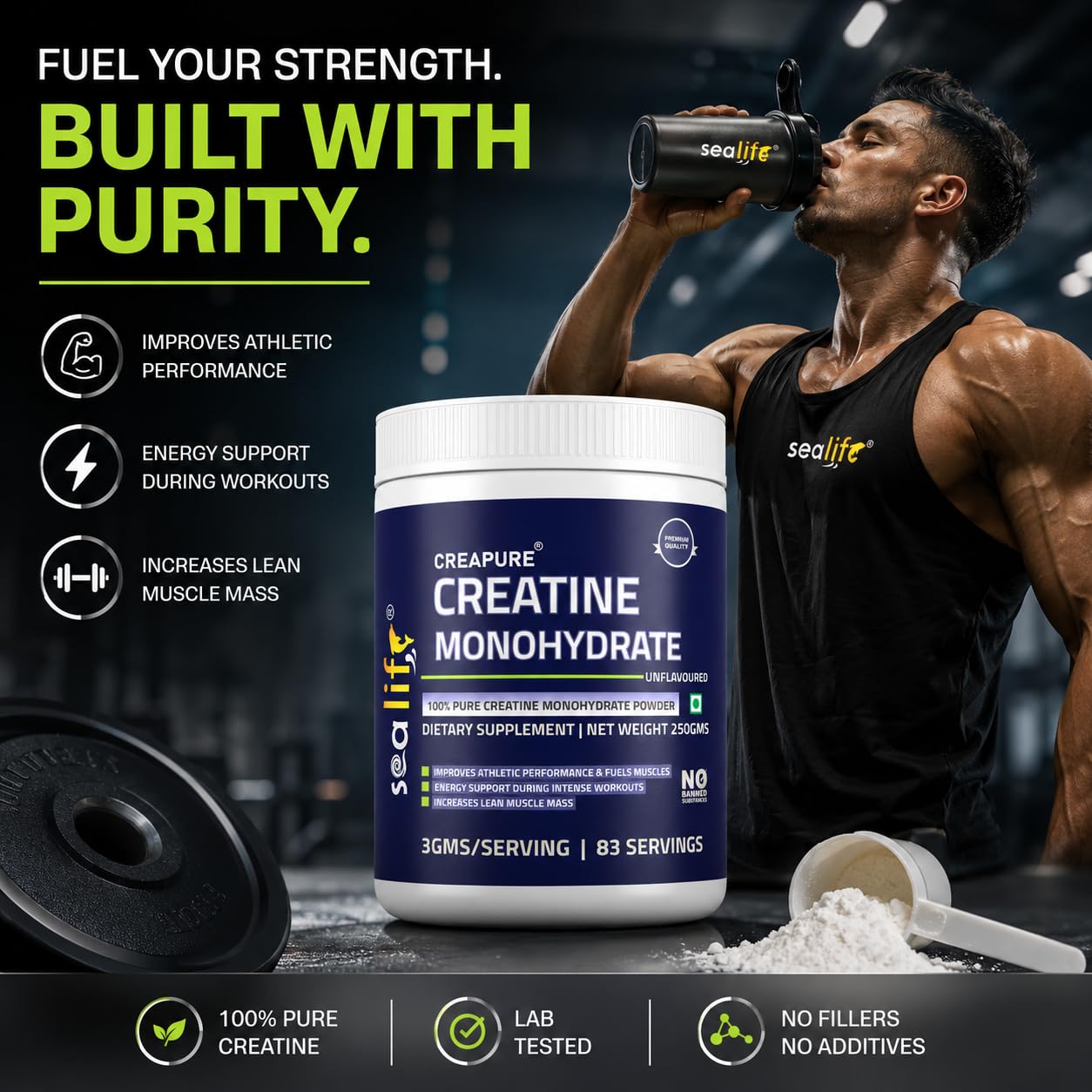 Sea Life Creatine Monohydrate |100% Pure Creatine Powder 250gm,83 Servings |Improves Athletic Performance & Fuels Muscles |Lean Muscle Building Supports | Muscle Repair & Recovery | Creapure Creatine