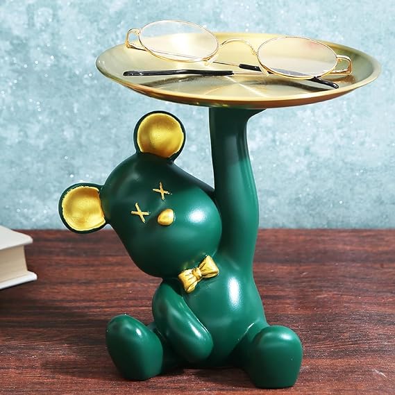 Tied Ribbons Bear Statue with Metal Tray Green Resin Organizer Jewellery Ring Candy Keys Holder