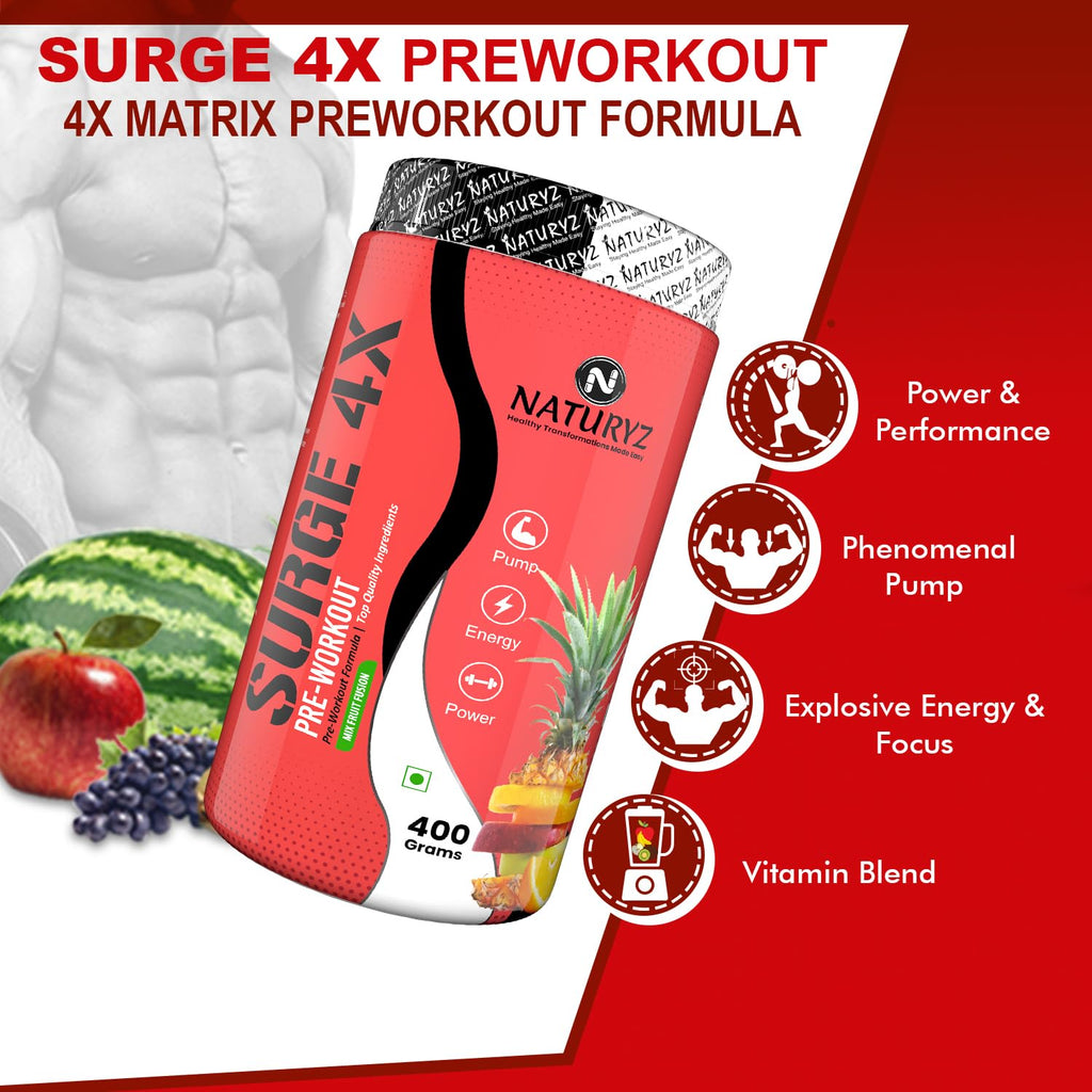 Naturyz Surge 4X Pre Workout, 400g Powder (Mix fruit fusion flavour) with 4000mg Beta-Alanine, 3500mg L- Citrulline,Creatine,L- Arginine & Aminos