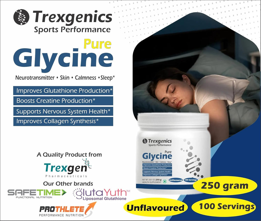 Trexgenics GLYCINE Pure Powder (100 Servings) Neurotransmitter, Skin, Calmness, Sleep, Relaxation Support (250 Gram)
