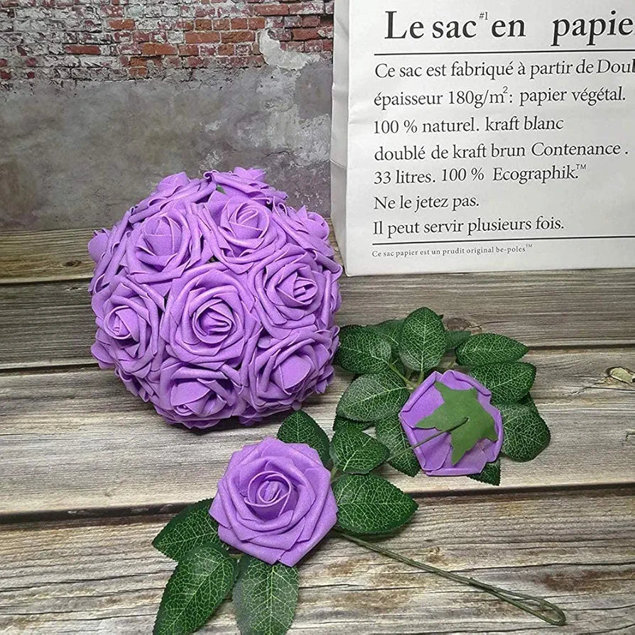 Artificial Flowers Purple Fake Roses Real Looking Foam Roses with Stem Purple