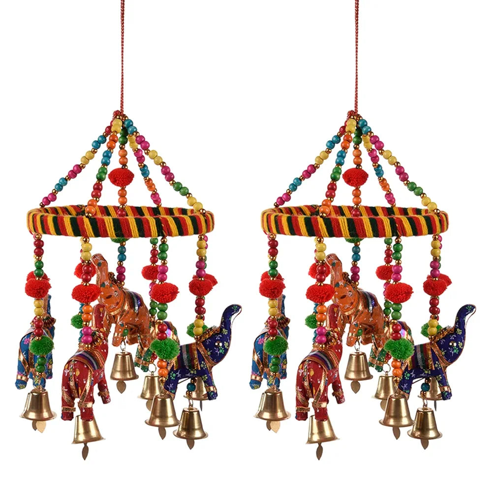 Kuber Industries Rajasthani Traditional Windchimes Hanging Ring Elephant with Bells Pack of 2