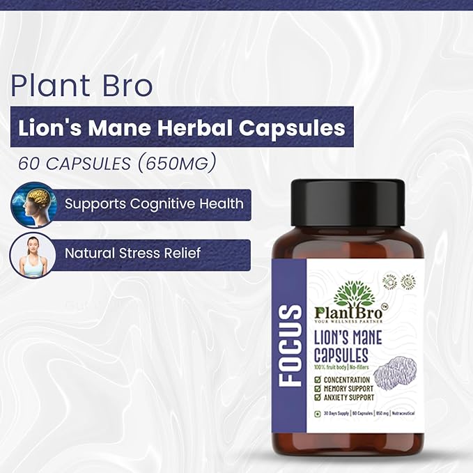 Plant Bro Lion's Mane Herbal Capsules - 60 Capsules | 650 Mg | 100% Fruit Body With No Fillers