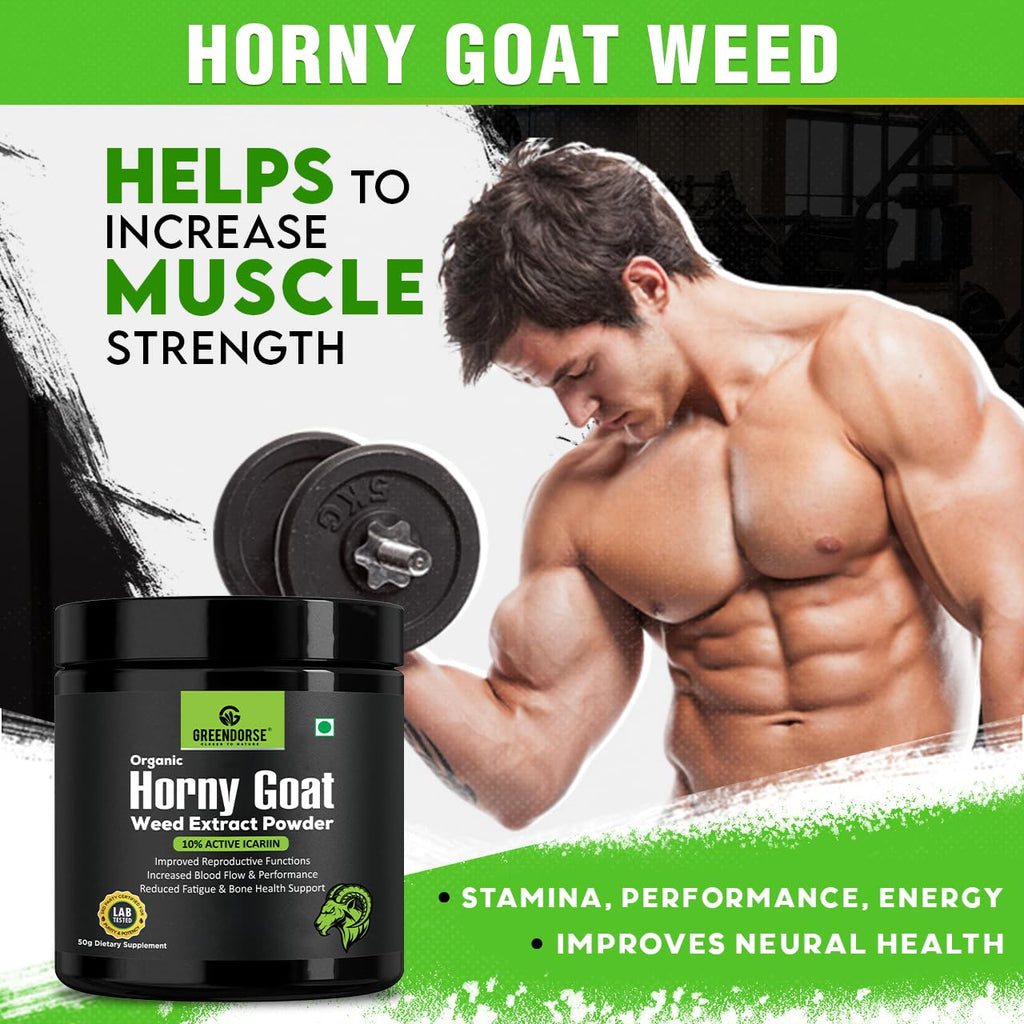 GREENDORSE Organic Horny Goat Weed Extract Powder |With 10% Active Icariins| 3 Months Supply | Supports Strength, Stamina, Performance & Energy, Vegan Friendly-50g