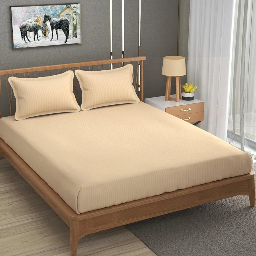 Homefab India 160 TC Stripe Cotton Feel Glace Cotton Elastic Fitted King Size Double Bed Bedsheet with 2 Pillow Covers Fits Upto 6 inches Mattress Peach