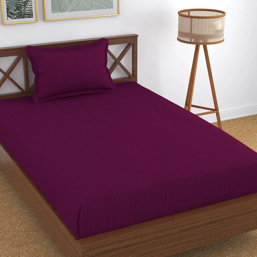 Homefab India 160 TC Stripe Glace Cotton Single BedSheet with 1 Pillow Cover Dark Pink