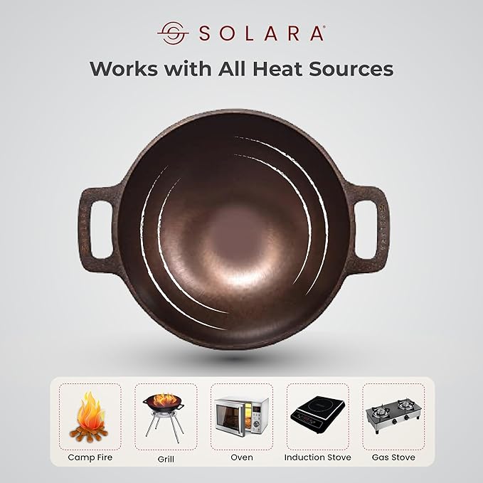 Solara Pre Seasoned Cast Iron Kadhai | 20 Cm | 1.8 Kg | Naturally Nonstick Cast Iron Kadai With Flat Handles | 1.7 Litres
