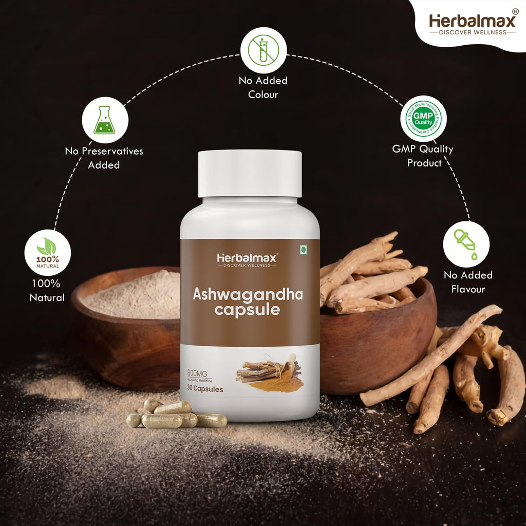 Herbal Max Ashwagandha General Wellness Capsules â€“ 30 Veg Capsules 800mg | Ayurvedic Supplement for Stress Relief, Performance, Immunity & Energy
