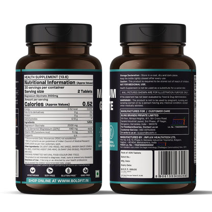Boldfit Magnesium Glycinate Tablets | 2000mg Magnesium Supplement | For Men & Women | Muscle Support, Relaxation & Daily Wellness | 60 Tabs