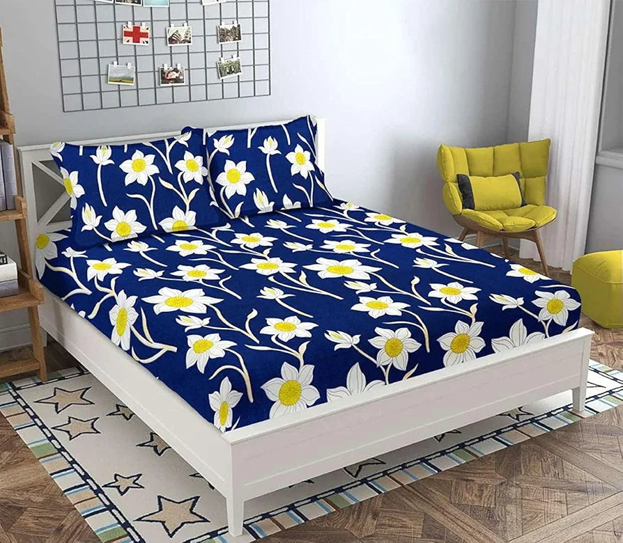 Starnstyle Polycotton 220 TC Floral Printed King Size Double Bedsheet with 2 Pillow Covers Yellow Blue