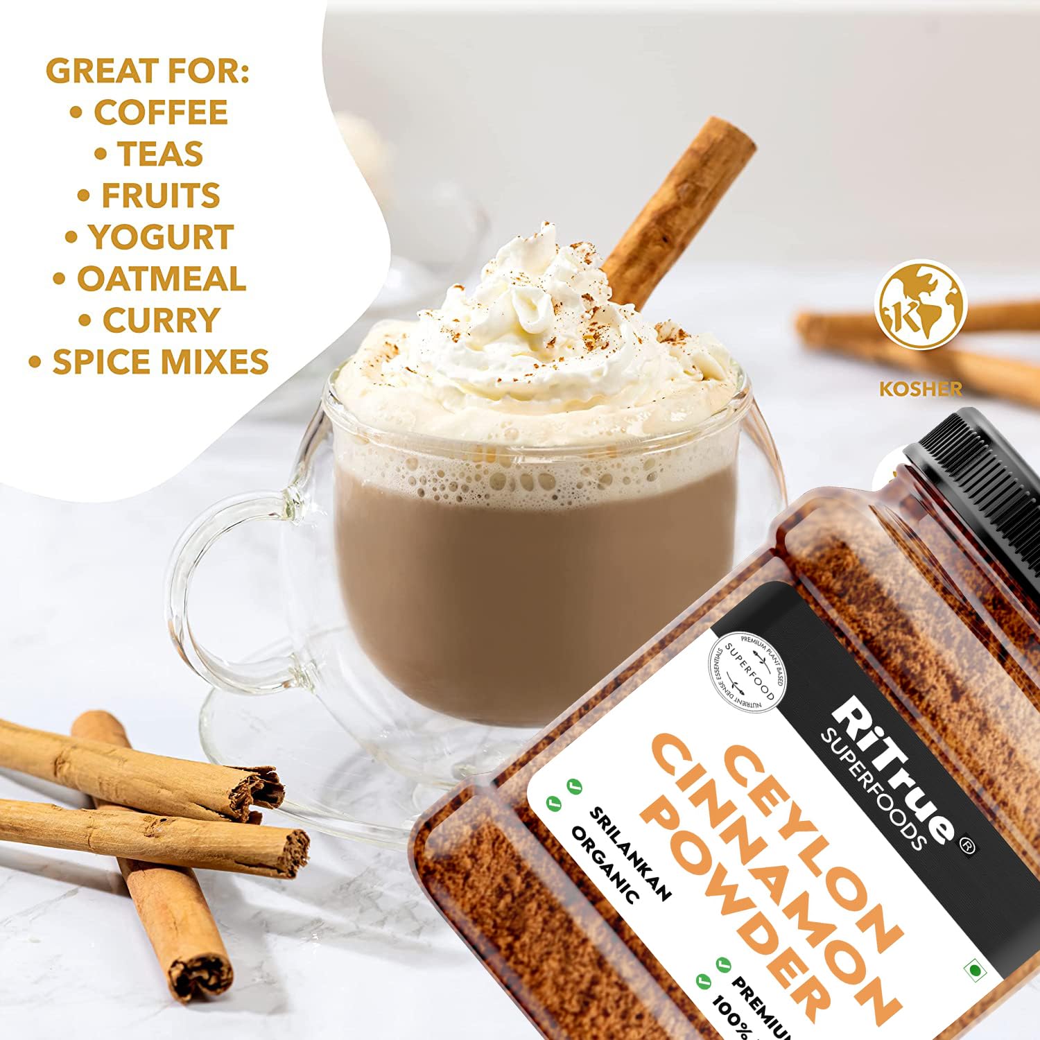 RiTrue - Ceylon Cinnamon Powder (SriLankan) - 200 Gm Cooking, Tea & Baking | Finest Organic Dalchini powder