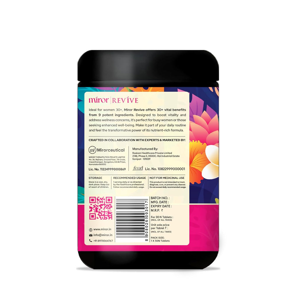 Miror Revive Anti-Aging & Womenâ€™s Daily Wellness Supplement with Resveratrol, Glutathione, Curcumin, Probiotics & CoQ10, Energy, Skin Glow, Gut Health & Immunity Support, Non-GMO, (30 Days Pack)