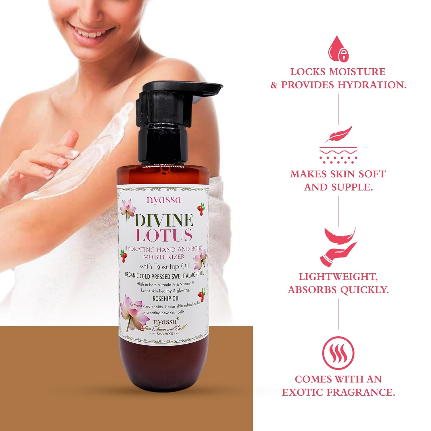 Nyassa Divine Lotus Hydrating Hand and Body Moisturizer With Rosehip Oil & Organic Sweet Almond Oil - 200 Ml