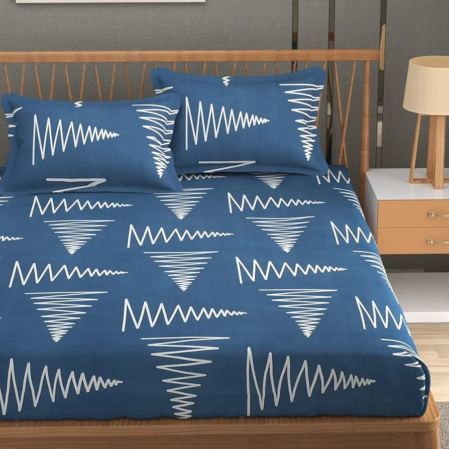 The Home Style 400 TC Cotton Elastic Fitted All Around Printed Queen Size Double Bed Bedsheet wih 2 Pillow Cover Dusk Blue