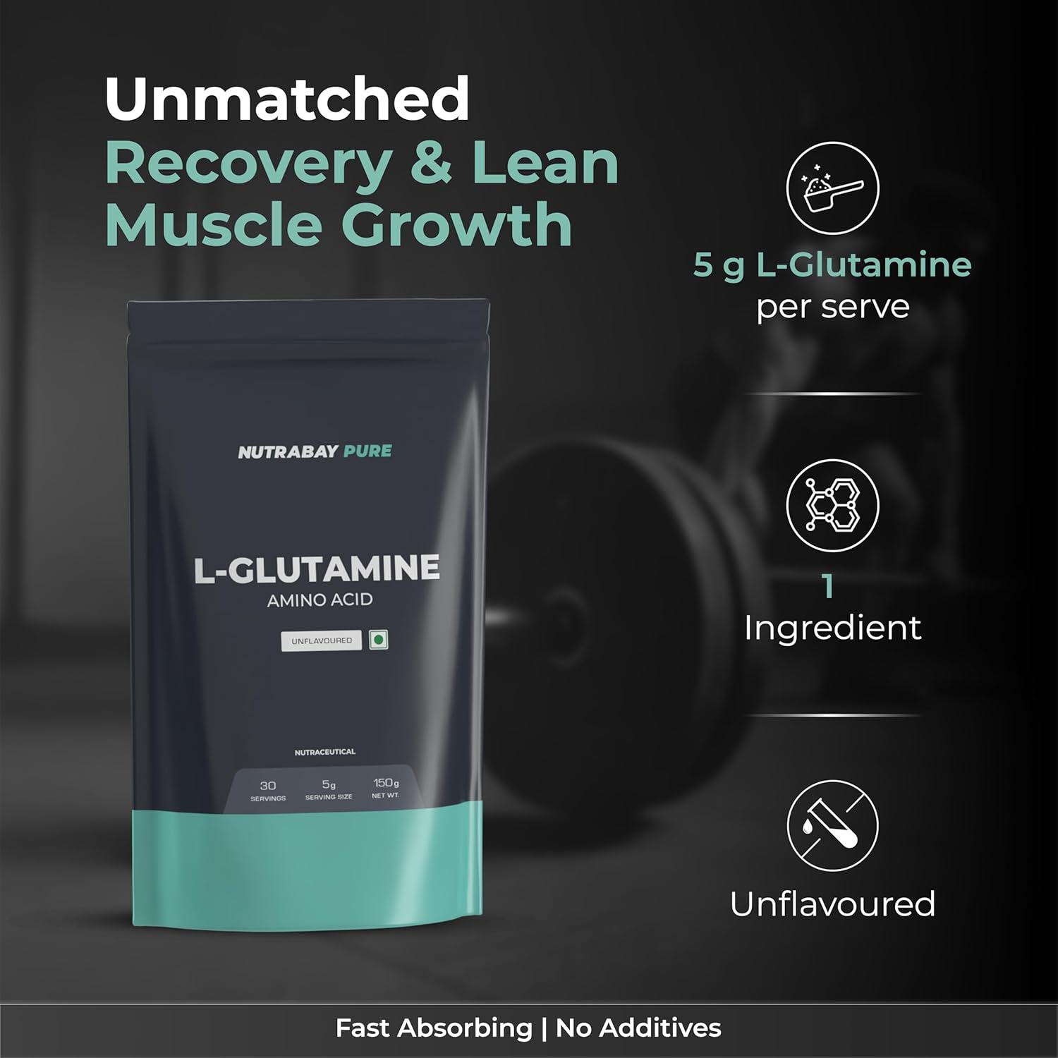 Nutrabay Pure L-Glutamine Powder 5000mg, Amino Acid - Post Workout Supplement for Muscle & Immunity Build Up - 150g, Unflavoured | 100% Authentic Supplement | No Banned Substances | Tested for Purity