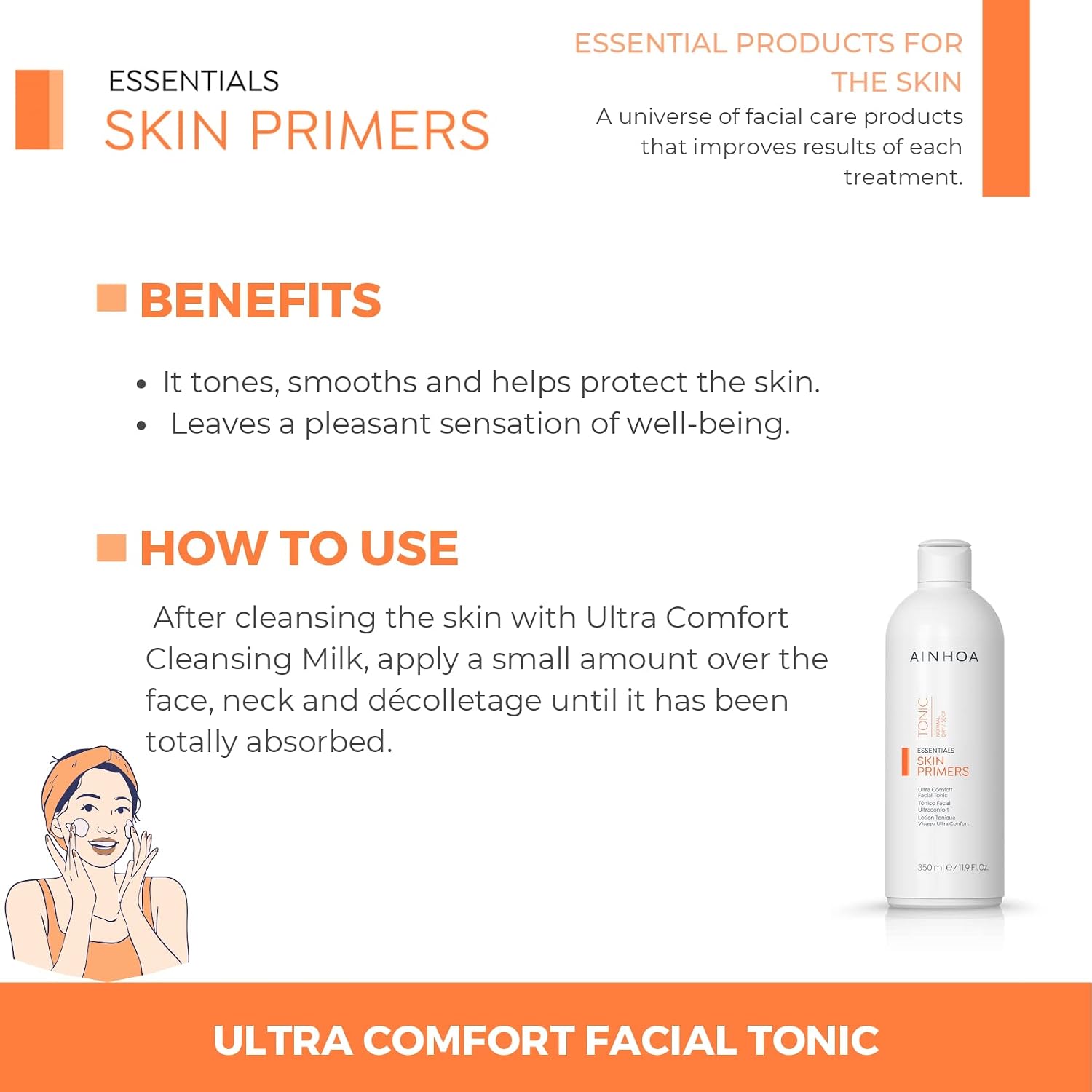 Ainhoa Primer for All Skin Types â€“ 350ml Ultra Comfort Vegan Facial Tonic with Rice Water & Hyaluronic Acid, Hydrating Primer for Face, Ideal for Dry Skin, 350ml