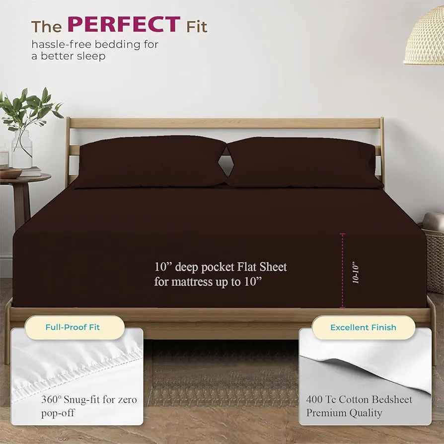 Trance Home Linen 100% Cotton 78x60 inch Queen Elastic Fitted Bedsheet 400TC Premium Queen Double Bed Size with 2 Pillow Covers Colour Chocolate Brown