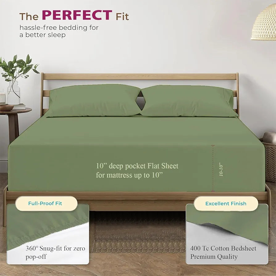 Trance Home Linen 100% Cotton 78x60 inch Queen Elastic Fitted Bedsheet 400TC Premium Queen Double Bed Size Plain with 2 Pillow Covers Colour Forest Green