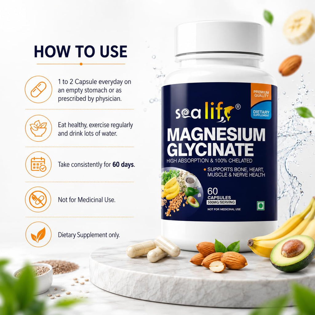 Sea Life Magnesium Glycinate 500 Mg Capsules |60 Veg Capsules | Magnesium Supplement | Improves Muscle & Nerve Function| Anti Stress Supplement | Better Sleep Quality | (Pack of-1)