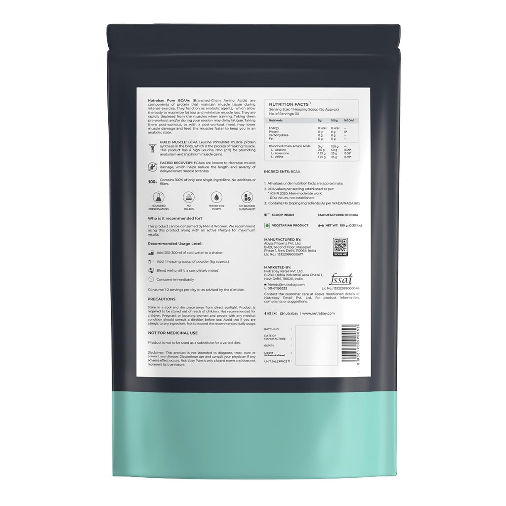 Nutrabay Pure BCAA 2:1:1-5000 mg Vegan BCAAs, Intra/Post Workout Amino Acid Supplement for Muscle Recovery & Endurance - 150g, Unflavoured