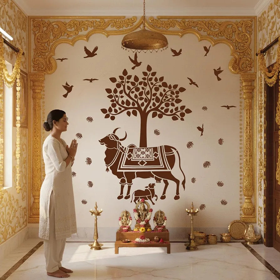 StickMe Kamdhenu Holy Cow and Calf Wall Sticker Self-Adhesive Premium Large - 210 x 210 cm