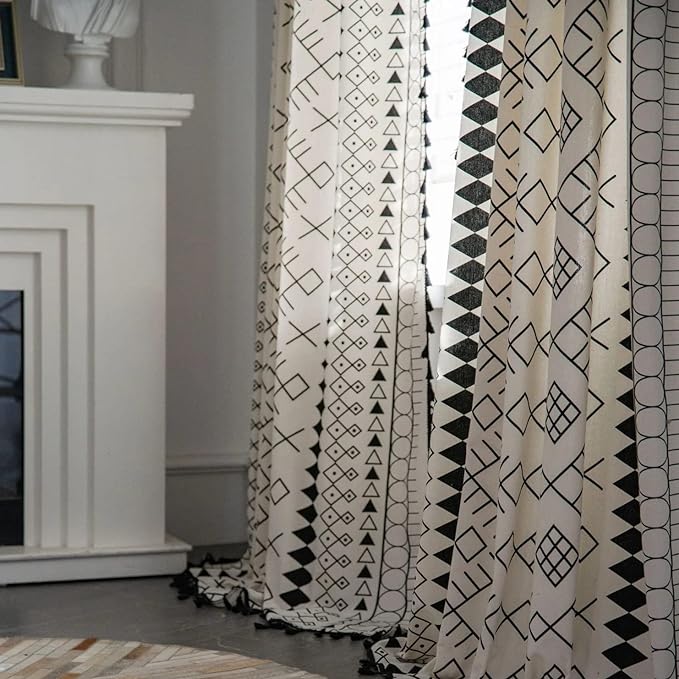 Huesland Cotton Curtains for Windows, 5 Feet Long 1 Bohemian Eyelet Curtain | Boho Tribal White & Black