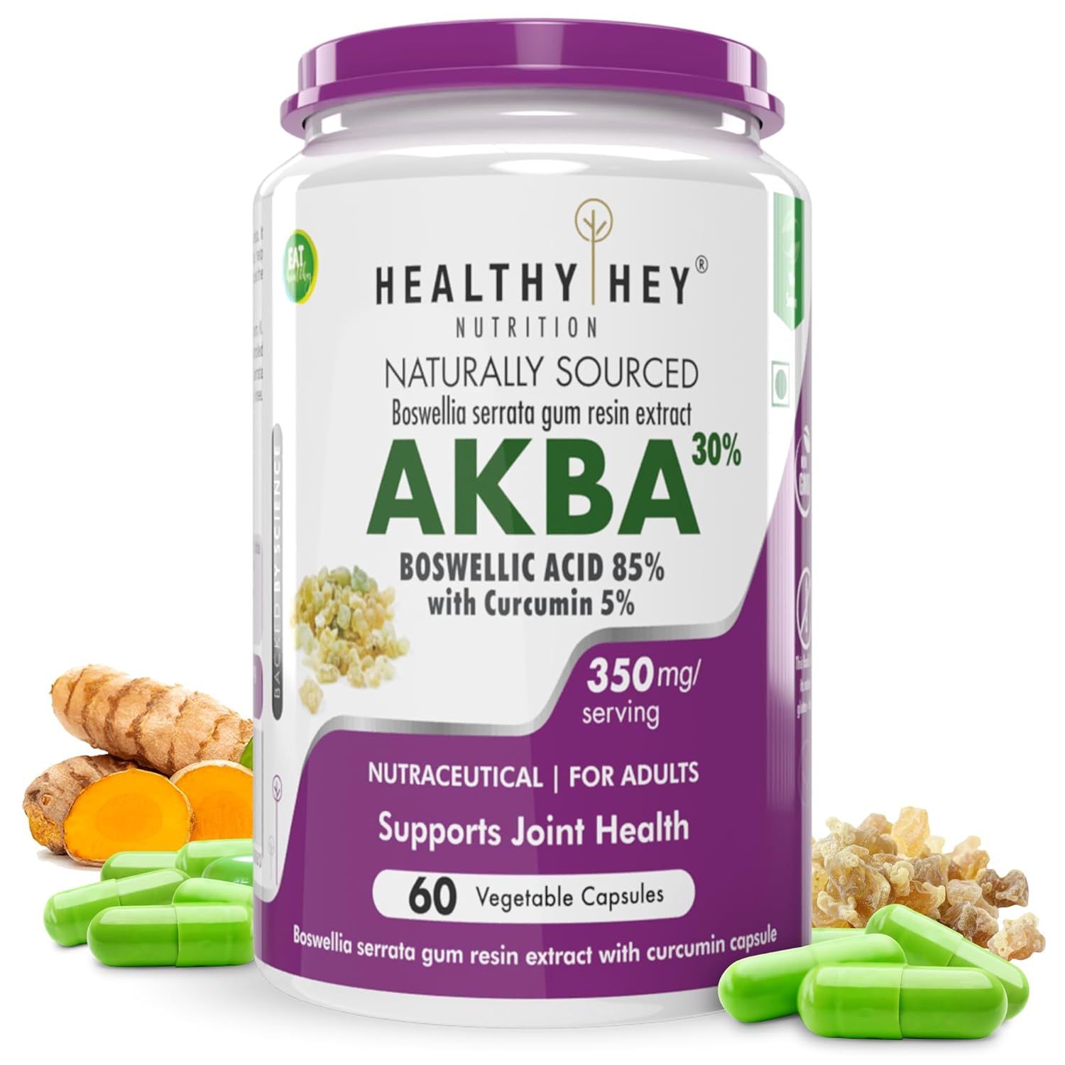 HealthyHey Nutrition AKBA with 85% Boswellic Acid & Curcumin - 100% Natural - Joint Health Supplement-60 Veg Capsules Acetyl-keto-beta-boswellic acid