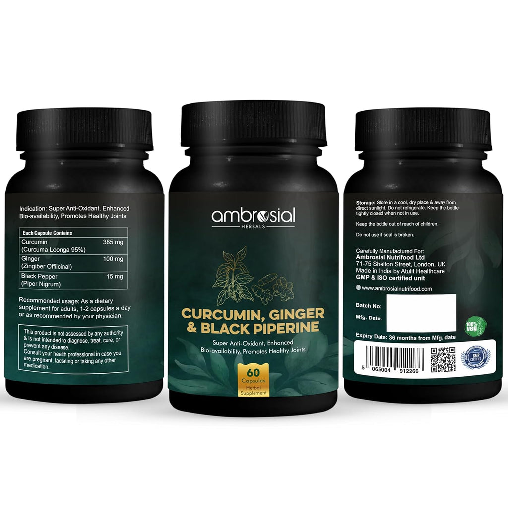 Ambrosial Curcumin Capsules With Turmeric and Black Pepper with Ginger | High Strength Tablets with Enhanced Absorption | 95% Curcuminoids Curcumin with Piperine (Pack of 1-60 Capsules)