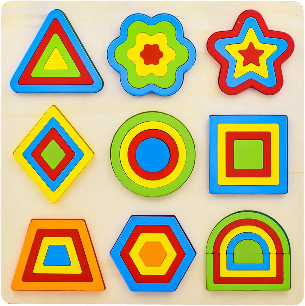 Wishkey Wooden Shapes Puzzle Learning Toy, Montessori Brain Teaser Puzzle Board with 9 Geometric Shapes, Interactive Game Educational Toys