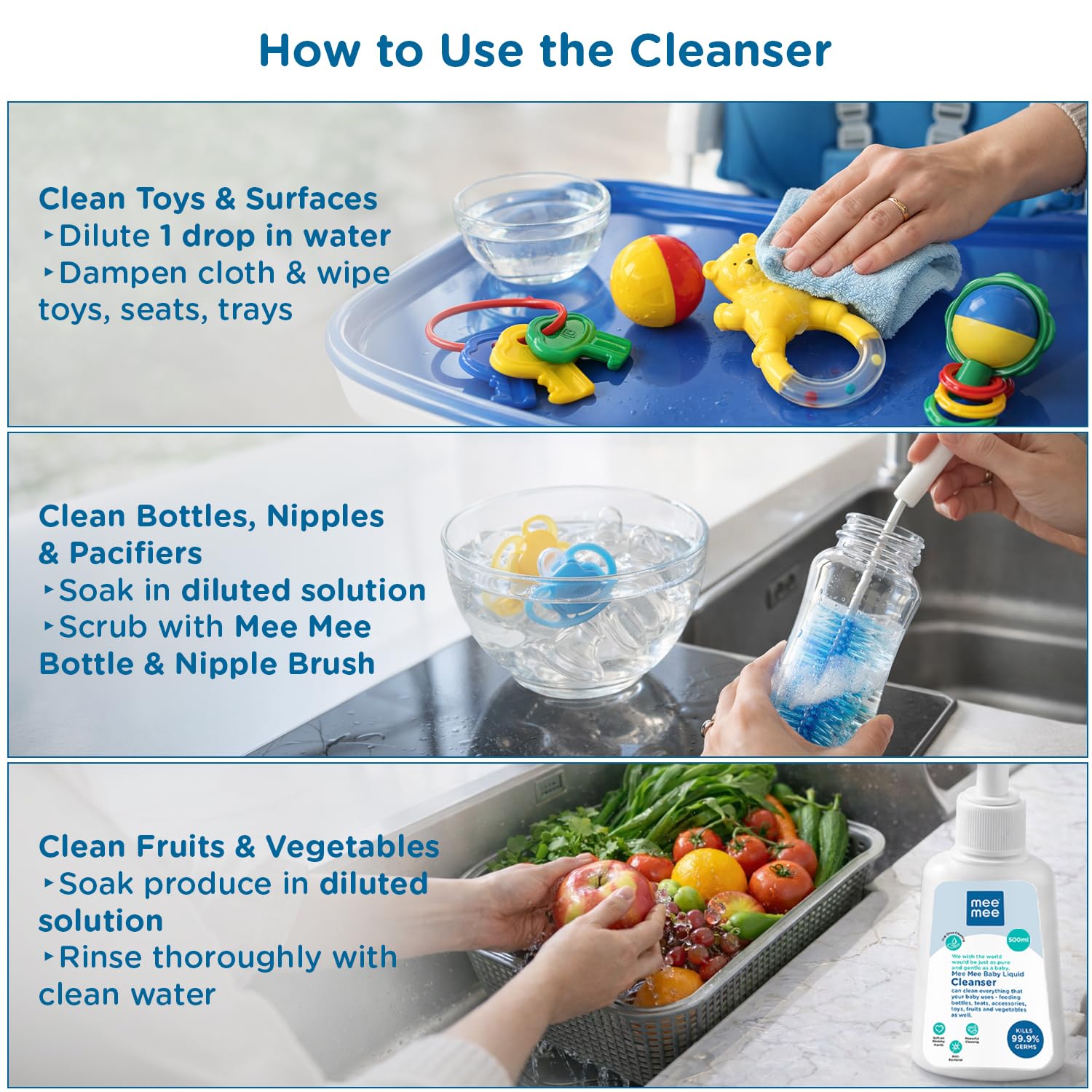 Mee Mee Baby Liquid Cleanser 500 ml, Anti-Bacterial Kills 99.9% Germs | for Bottles, Nipples, Accessories, Toys, Fruits & Vegetables | No Alcohol, Dermatologically Tested