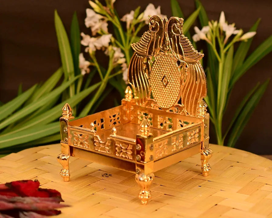 Collectible India Metal Gold Plated ladoo Gopal Singhasan Pooja Chowki mandir Peacock Design