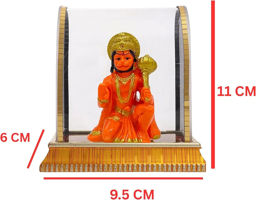Golden and Orange Hanuman Ji Idol in Glass Box for Car Dashboard
