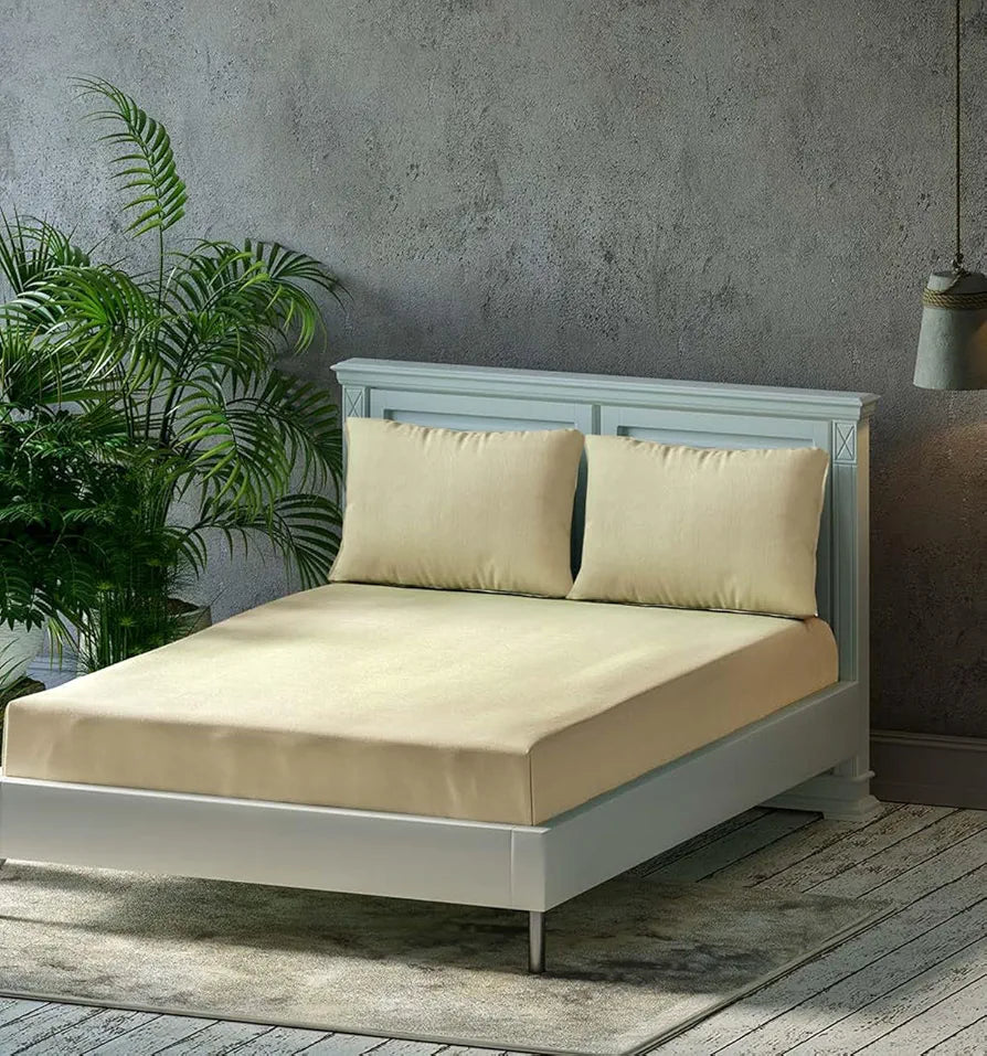 Trance Home Linen Premium 300 TC Pure 100% Cotton Printed King Fitted Bedsheet King Bed Elasticated Fitted Bedspread With 2 Pillow Covers Colour Beige