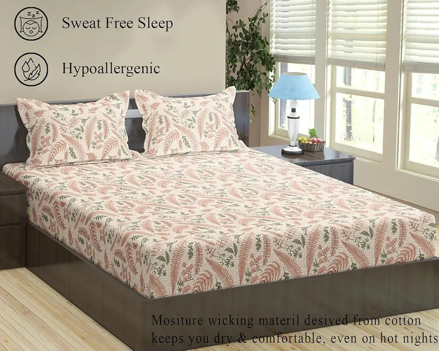 Trance Home Linen 100% Cotton 144Tc Elastic Fitted Bedsheet Printed Queen Bed Size Elasticated Fitted Bedspread with 2 Pillow Covers Colour Foliage Peach