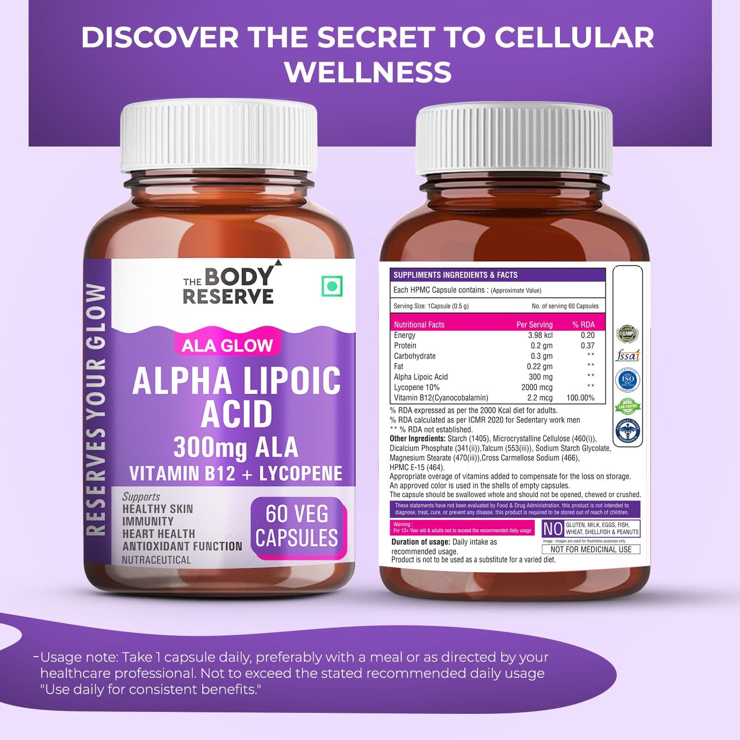 The Body Reserve Alpha Lipoic Acid 300mg with Lycopene & Vitamin B12 | Nerve Health, Energy, Antioxidant & Healthy Blood Sugar Support | Vegan, Non-GMO, 60 Tablets