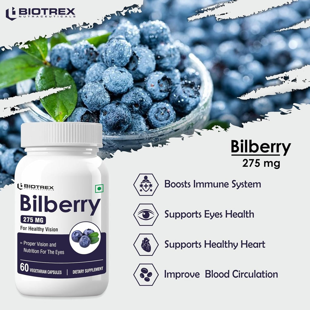 Biotrex Nutraceuticals Bilberry Extract 275mg | Anthocyanidins | Healthy Vision, Antioxidant & Eye Health Supplement | 60 Capsules