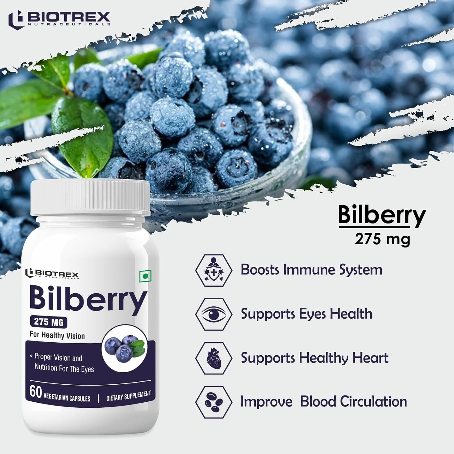 Biotrex Nutraceuticals Bilberry Extract 275mg | Anthocyanidins | Healthy Vision, Antioxidant & Eye Health Supplement | 60 Capsules