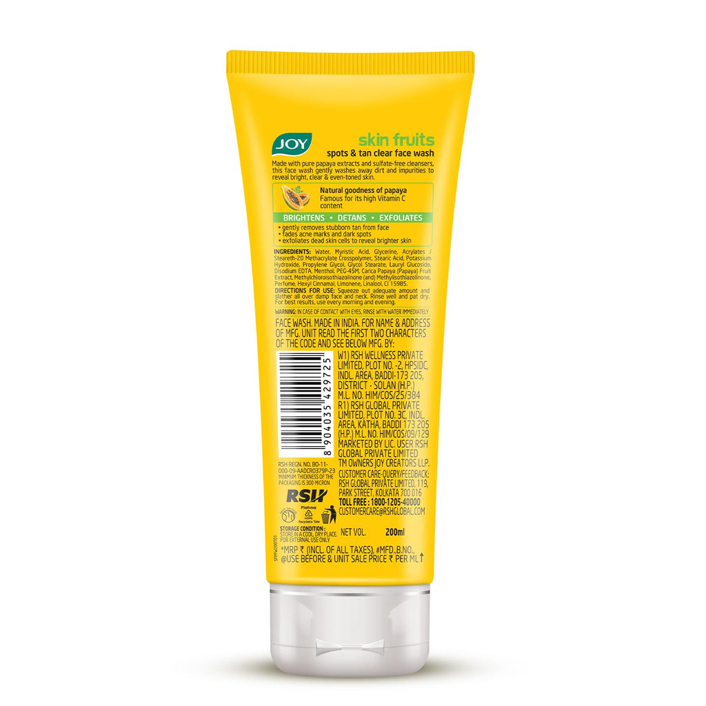 Joy Skin Fruits Spots & Tan Clear Face Wash 200ml | Enriched with Papaya & Vitamin C + A | For Healthy Glowing skin | Suitable for All Skin Types