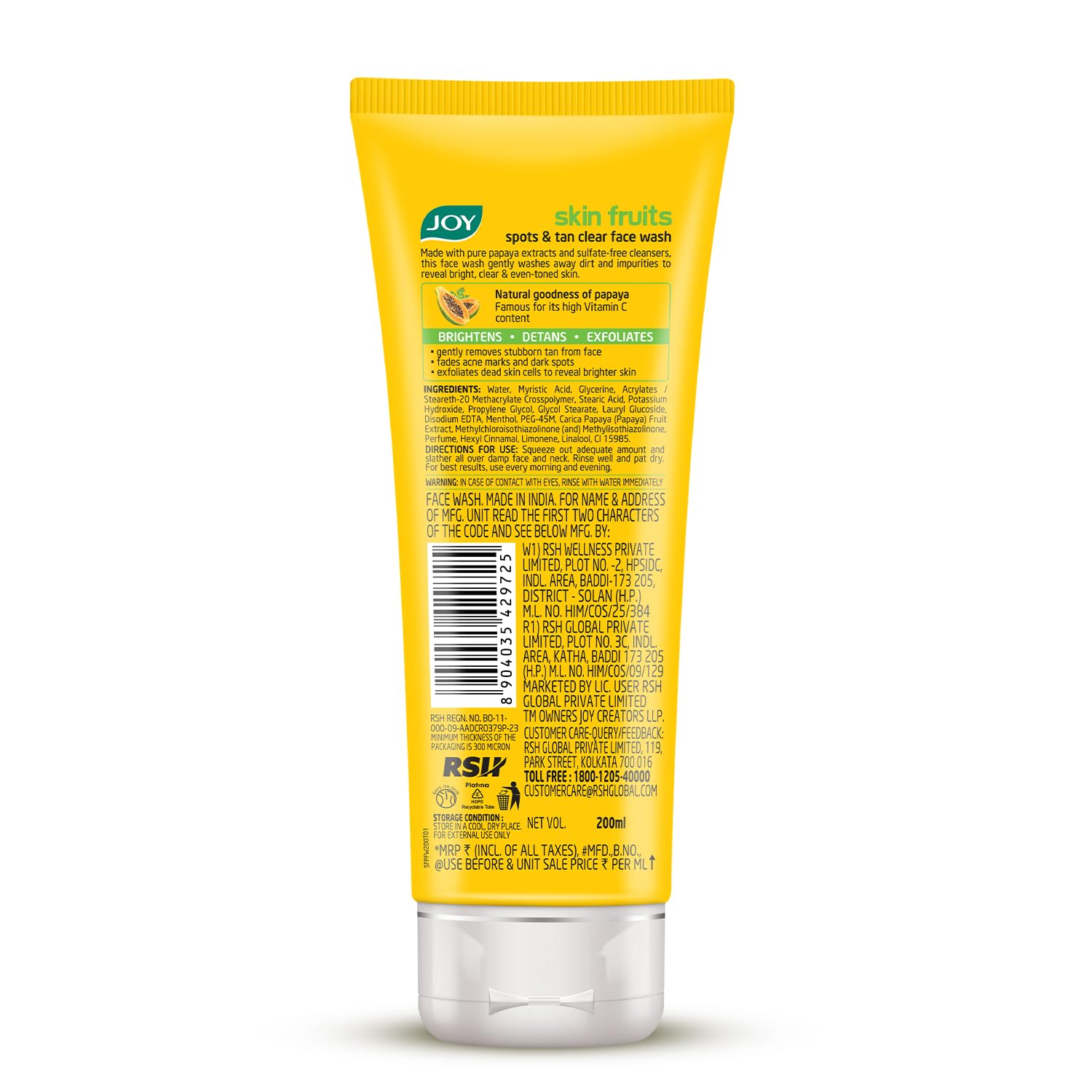 Joy Skin Fruits Spots & Tan Clear Face Wash 200ml | Enriched with Papaya & Vitamin C + A | For Healthy Glowing skin | Suitable for All Skin Types