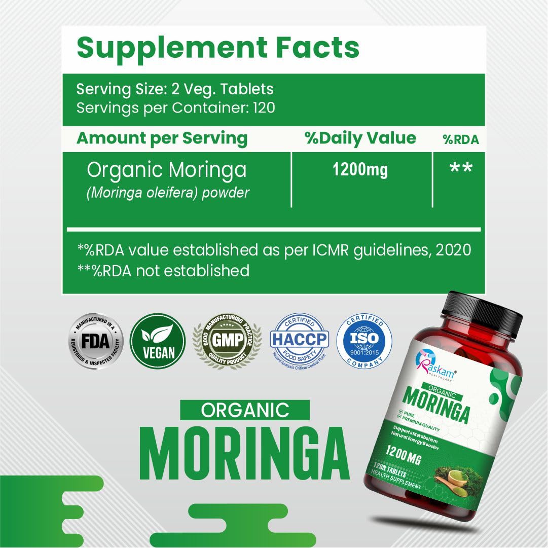 Organic Moringa Tablet with 1200mg Leaves Extract | Powder Tablets for Immunity, Digestion & Energy | Organic Leaves 120 Tablets