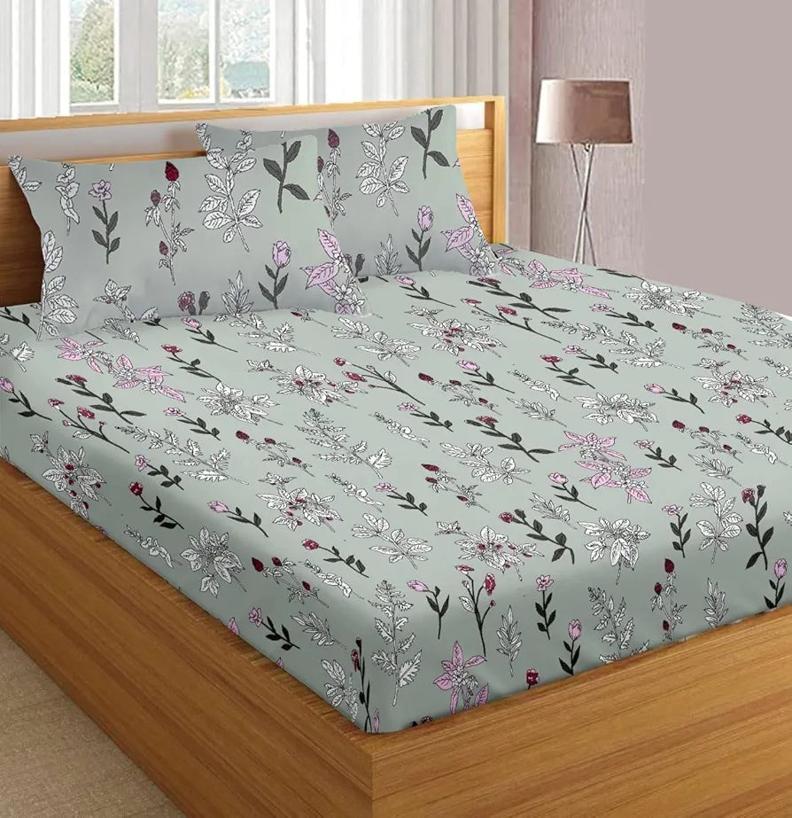 Trance Home Linen 100% Cotton 78"X72" Standard King Size Fitted Bedsheet Printed King Bed Size With 2 Pillow Covers 180 TC King 78X72 Inch Colour Misty Green Carnations