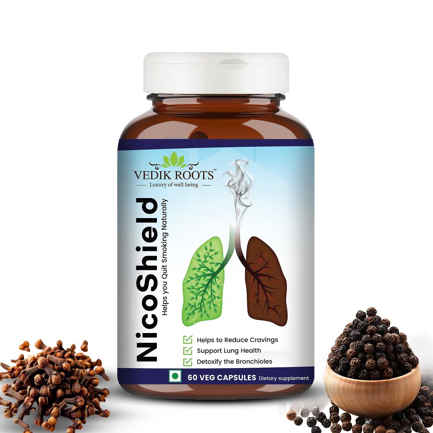 NicoShield | Herbal solution to Help Quit Smoking Naturally | Helps Reduce Craving To Smoke | Ayurvedic Herbal Supplement | 60 Veg Capsules (Pack of 1)
