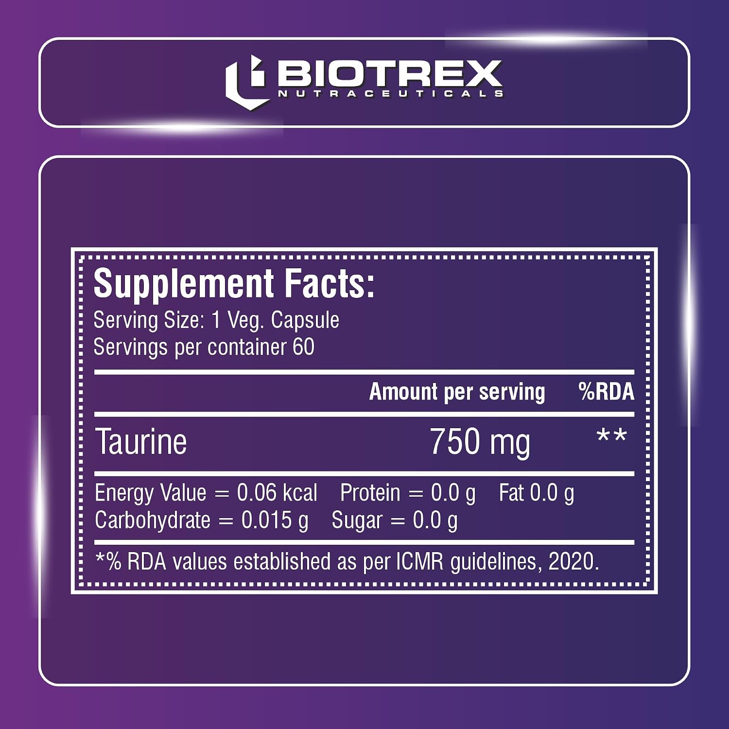 Biotrex Nutraceuticals Taurine 750mg | Antioxidant | Cardiovascular Health & Helps Enhanching Muscle Function | Eye Health | Amino Acid Supplement For Athletic Performance | Men & Women - 60 Veg Capsule