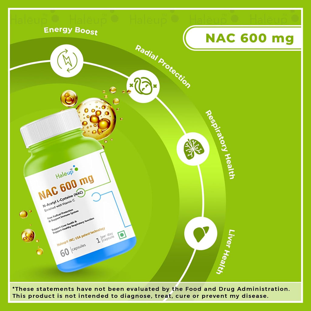 Haleup NAC 99% (N-Acetyl Cysteine) 600 mg, Haleup INC USA, 60 capsules, enriched with Vitamin C for Glutathione Production, Respiratory Health, Liver Detox, Antioxidant Support