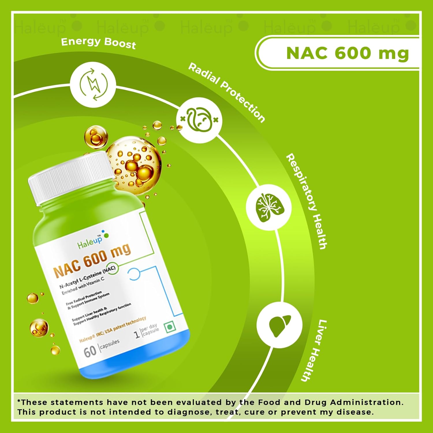 Haleup NAC 99% (N-Acetyl Cysteine) 600 mg, Haleup INC USA, 60 capsules, enriched with Vitamin C for Glutathione Production, Respiratory Health, Liver Detox, Antioxidant Support