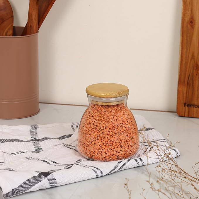 Femora Kitchen Storage Jars Borosilicate Glass With Wooden Lid Air Tight Jar | 450 Ml | Pack of 2